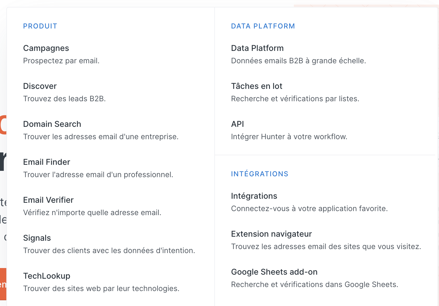 Capture d'ecran des fonctionnalités de Hunter.io