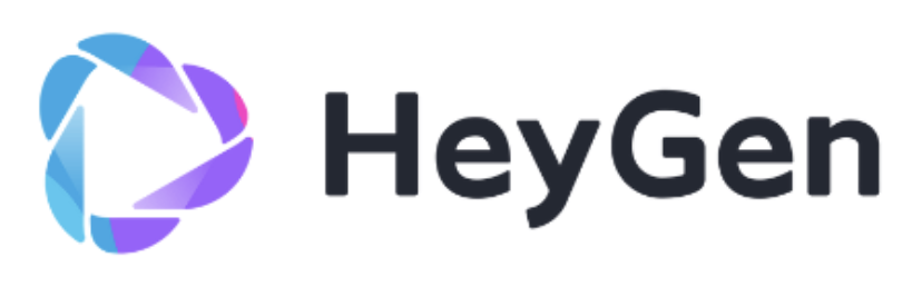 Heygen is written in black on a white background with a light blue and purple logo next to it.