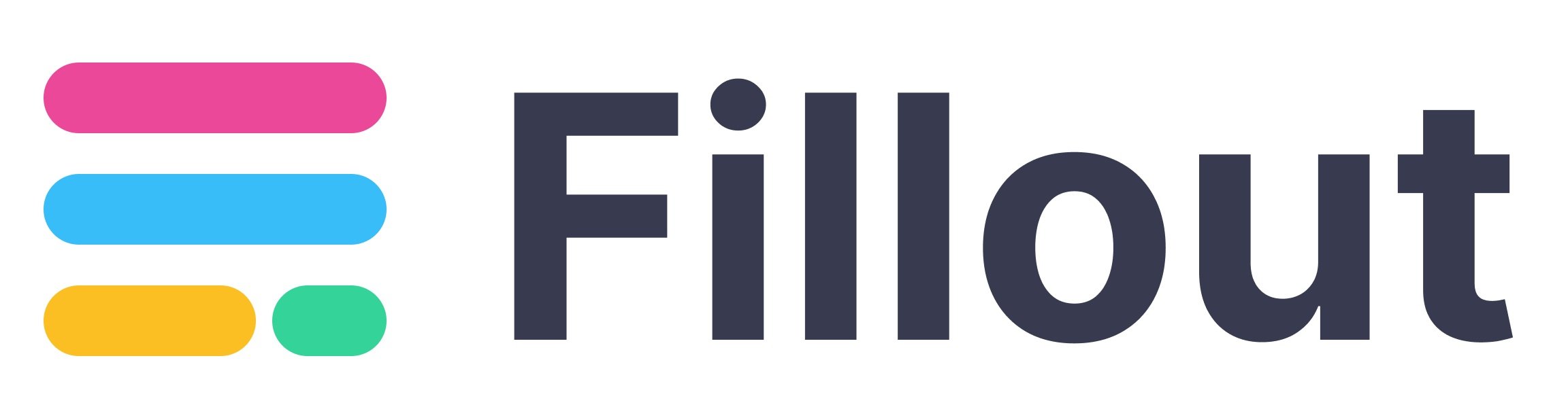Fillout written in black on a white background with four colored bars next to it (pink, blue, yellow, and green).
