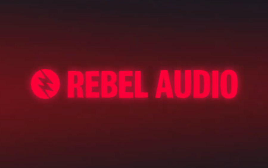 Rebel Audio written in red on a black and red gradient backround