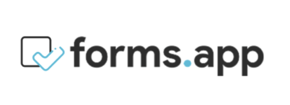 Forms.app ecris en noir avec une touche de bleu clair sur fond blanc