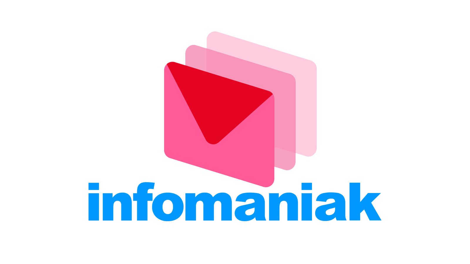 Infomaniak  écris en bleu clair sur fond blanc et au dessus 3 enveloppes roses
