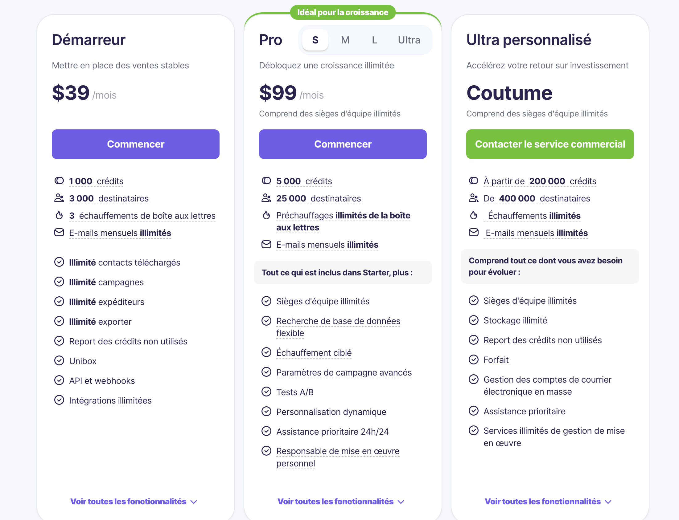 Capture d'ecran des prix de Snov.io