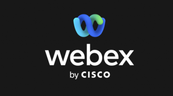 Webex by Cisco written in white on a black background with a blue and green logo above it