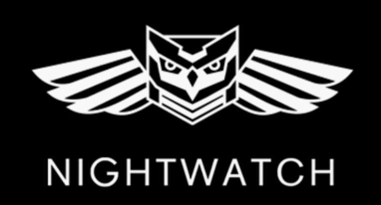 Drawing of an owl and underneath Nightwatch written in white, all on a black background.