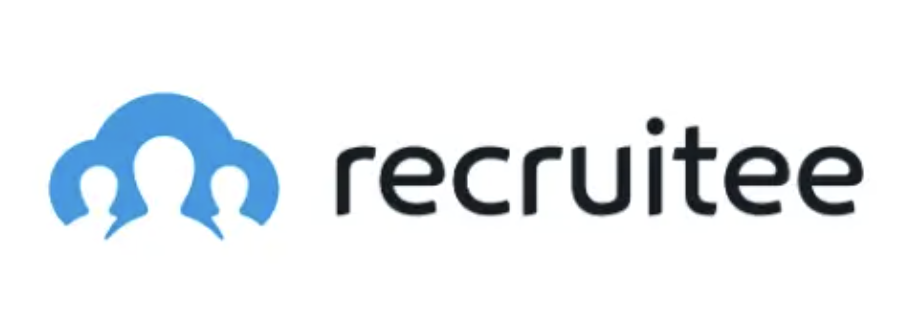 Recruitee is written in black on a white background, with a blue cloud-shaped logo on the left containing three characters.