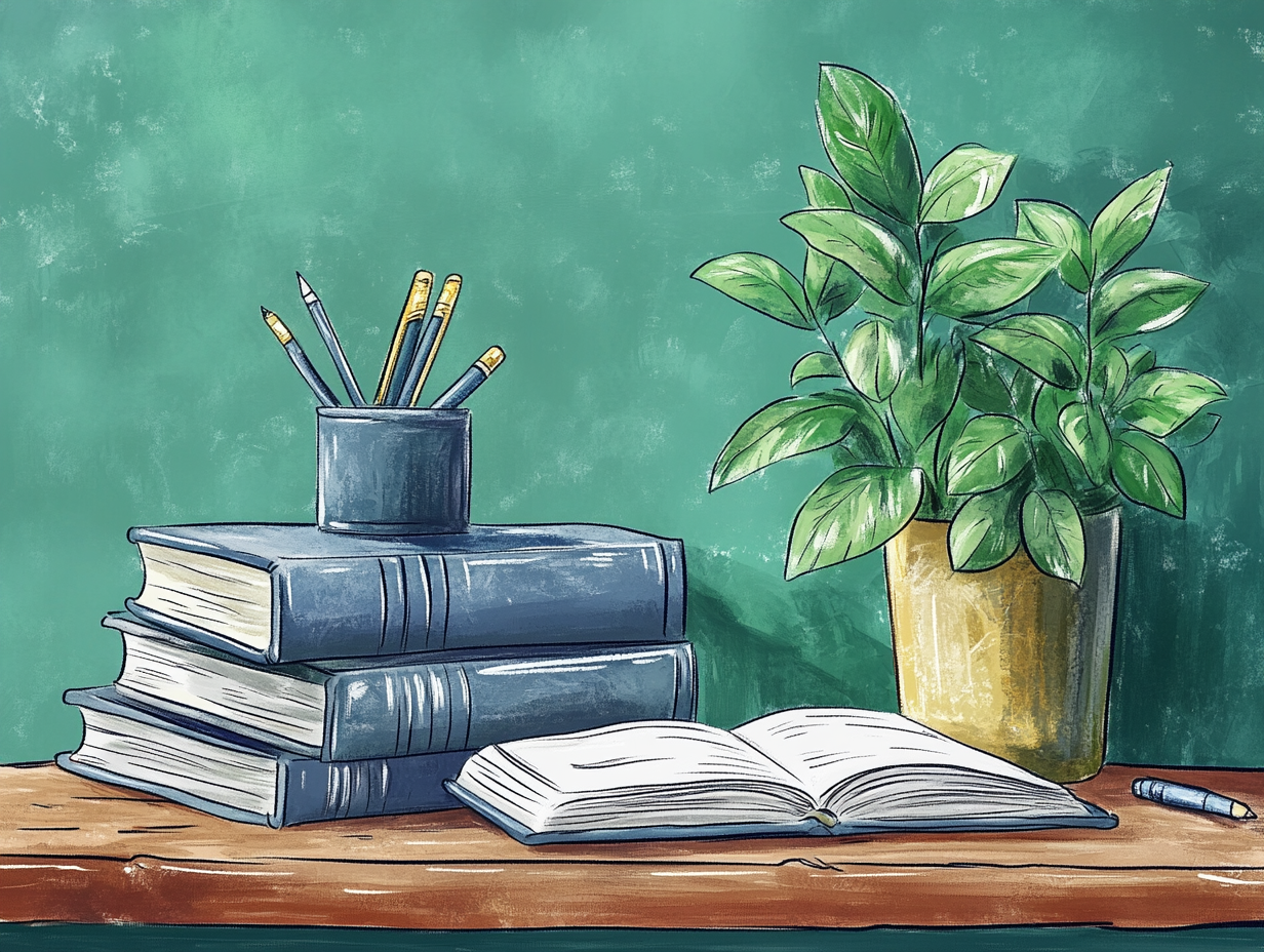 Illustration d'une pile de livre sur un bureau joliment décoré