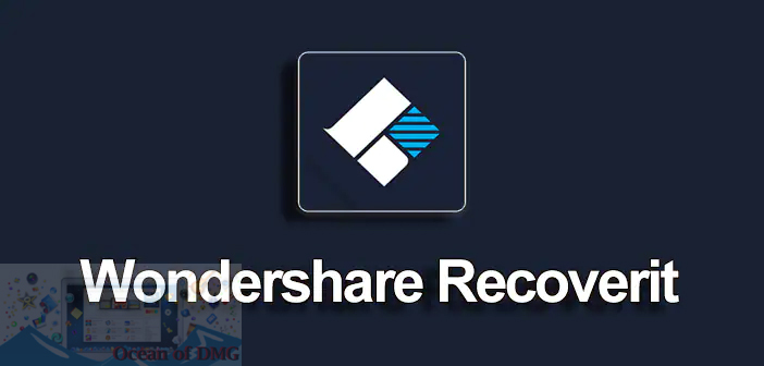 White and blue square logo with Wondershare Recoverit written underneath in white, all on a dark blue background.