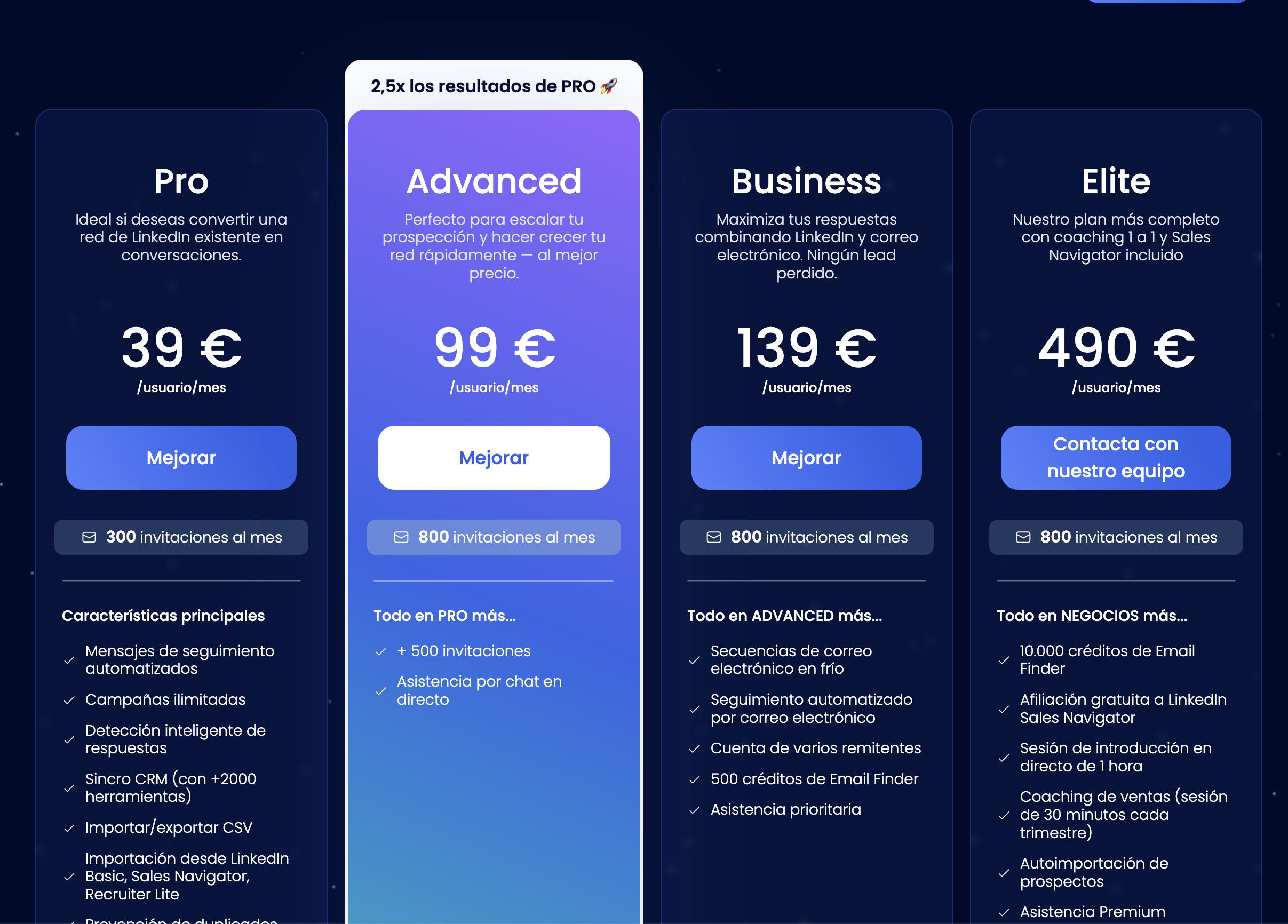 Captura de pantalla de los precios de Waalaxy