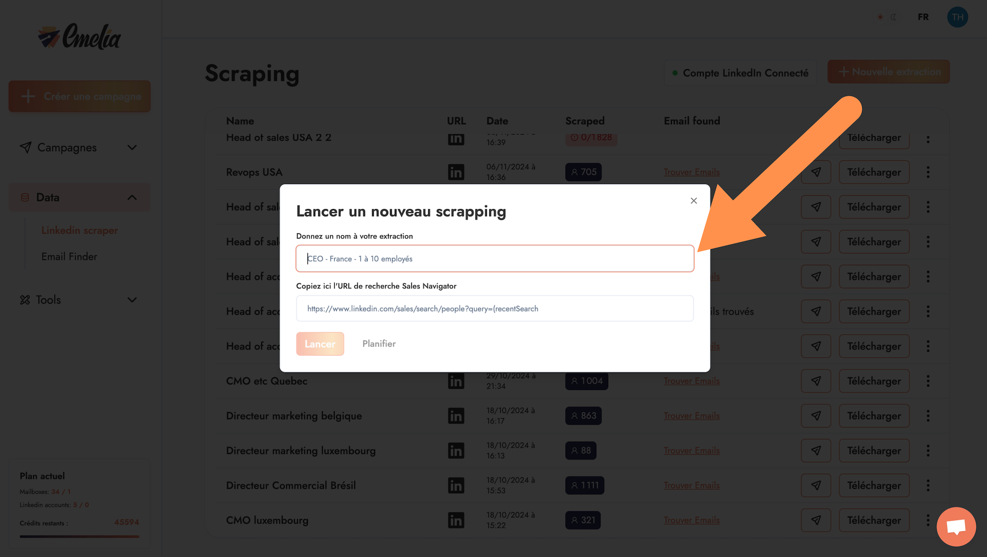 Capture d'écran d'Emelia pour lancer son scrape Linkedin