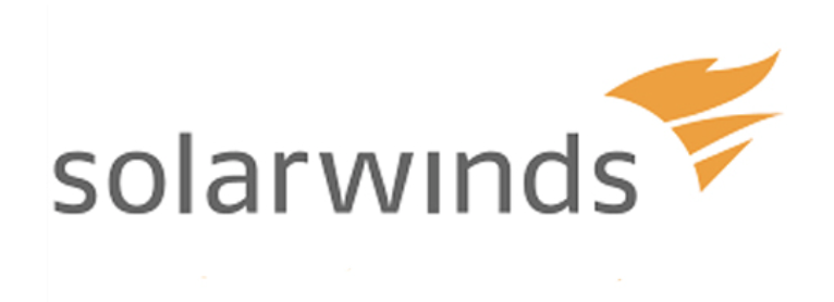Solarwinds written in gray on a white background with orange sun rays next to it