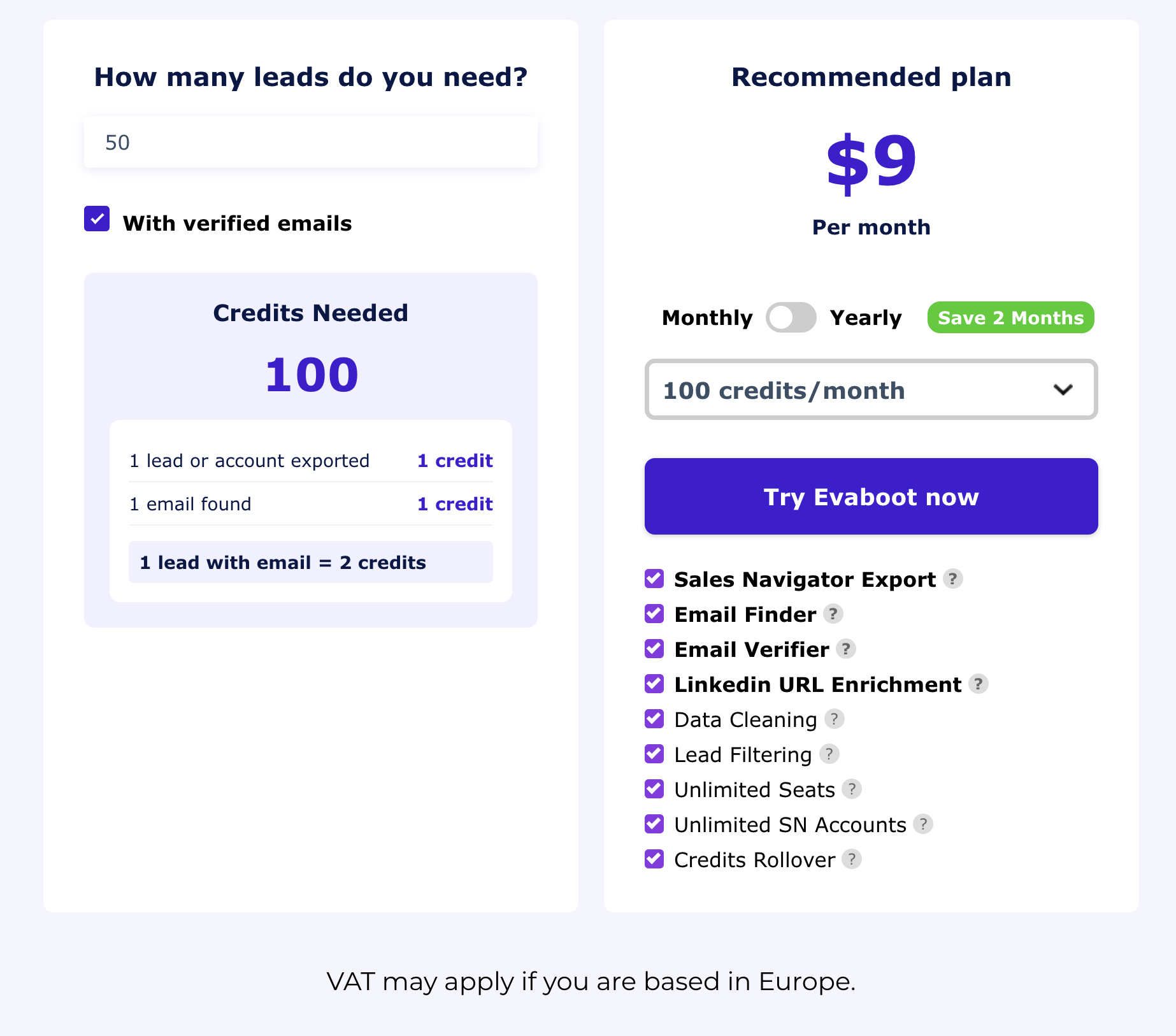Evaboot pricing screenshot
