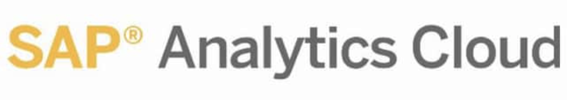 SAP Analytics Cloud written in yellow and gray on a white background