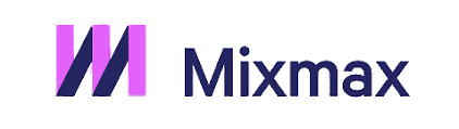 Purple and navy blue logo with Mixmax written in navy blue on a white background.