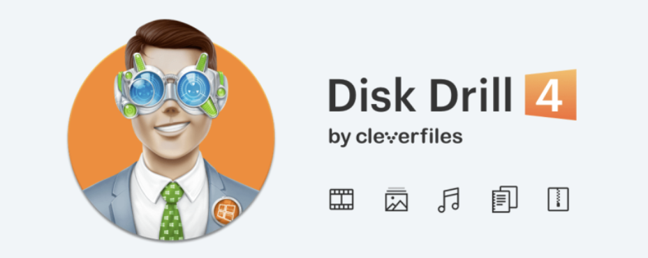 Drawing of a man wearing futuristic glasses with Disk Drill written next to him in black on a gray background.