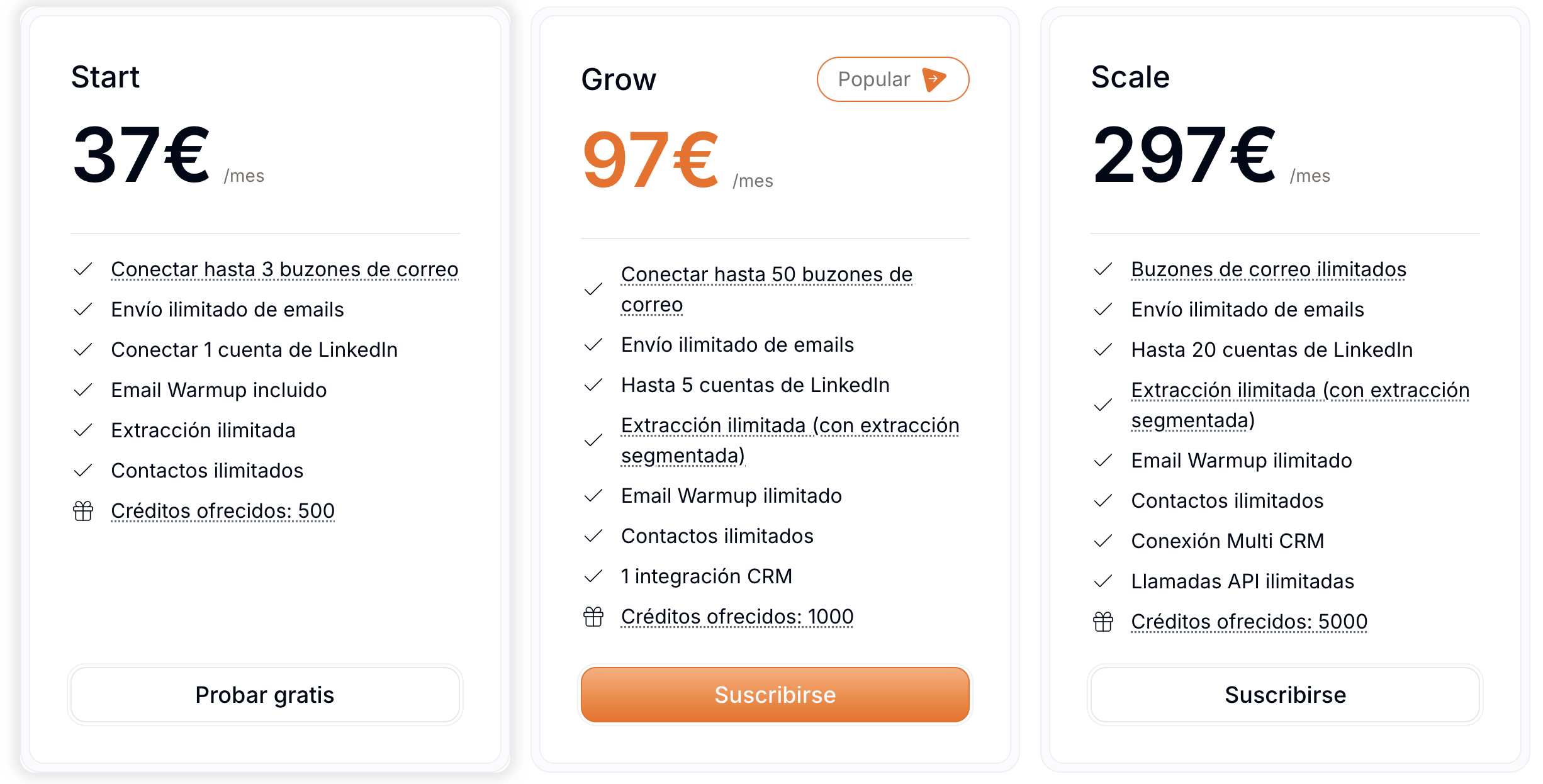 Captura de pantalla de los precios de Emelia