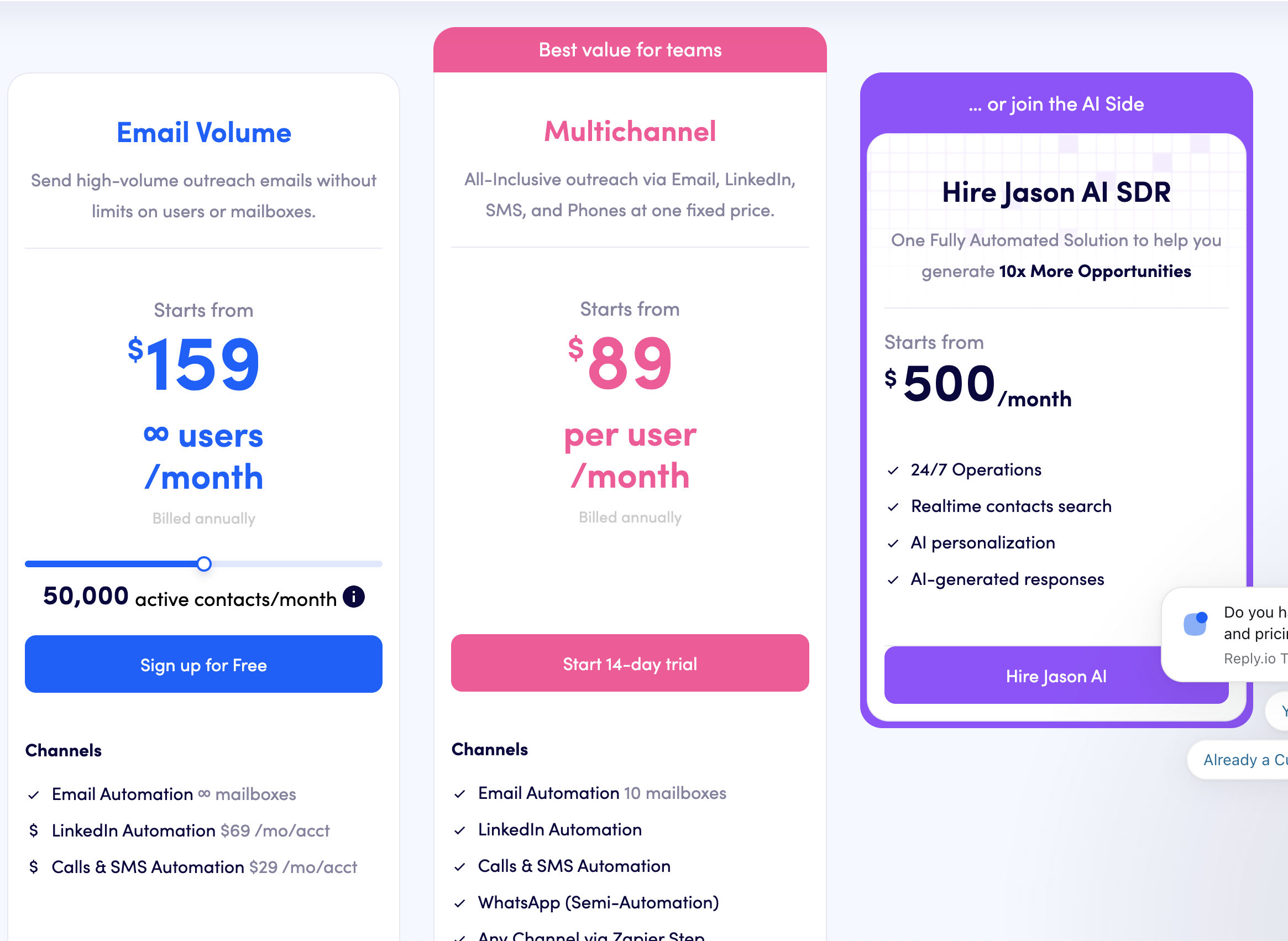 Screenshot of Reply.io pricing