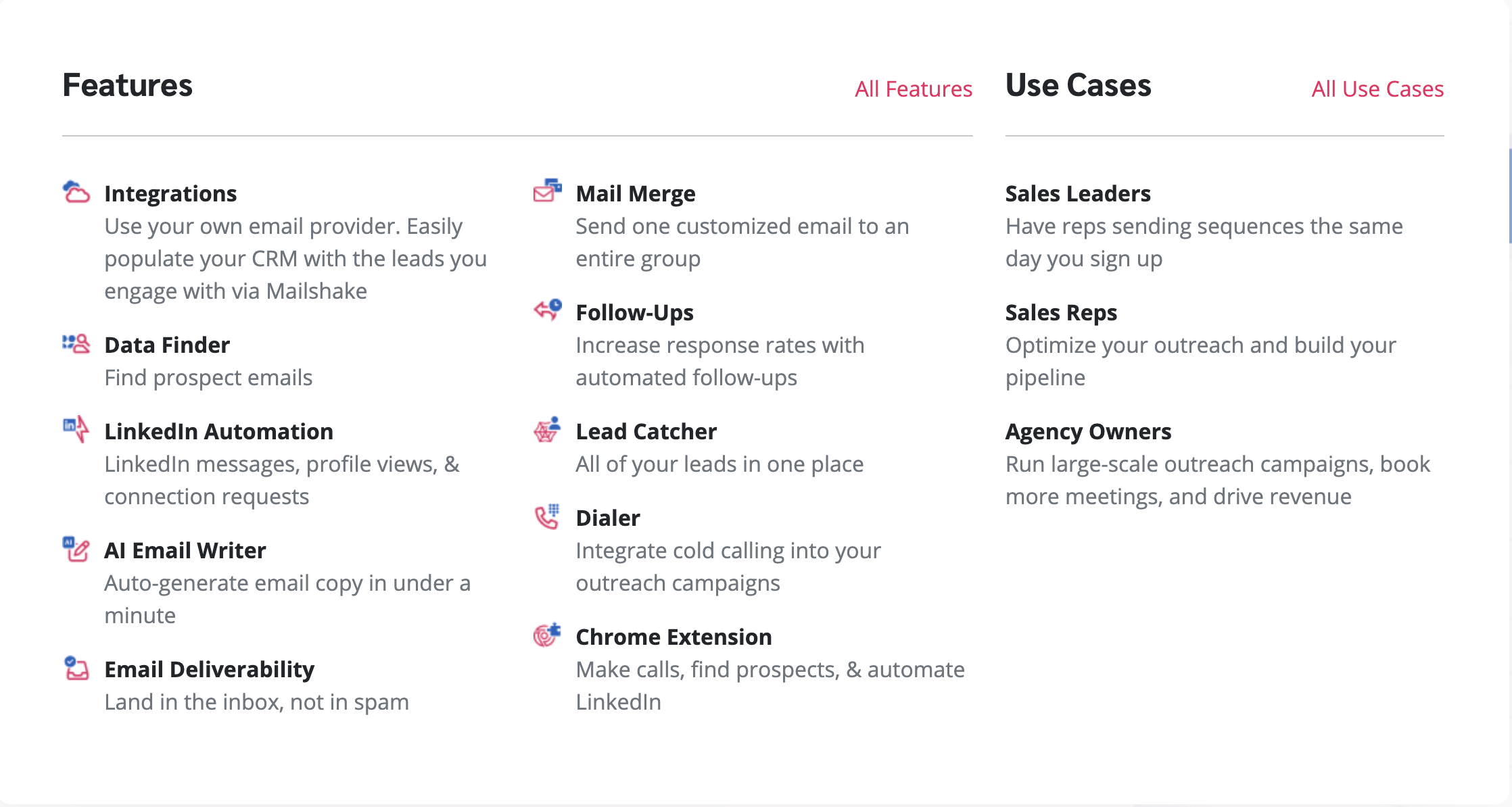 Screenshot of Mailshake features