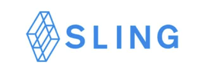 Sling written in blue on a white background and a blue rectangular logo on the left