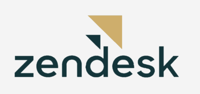 Zendesk is written in black on a white background with two triangles, one black and one gold, next to it.