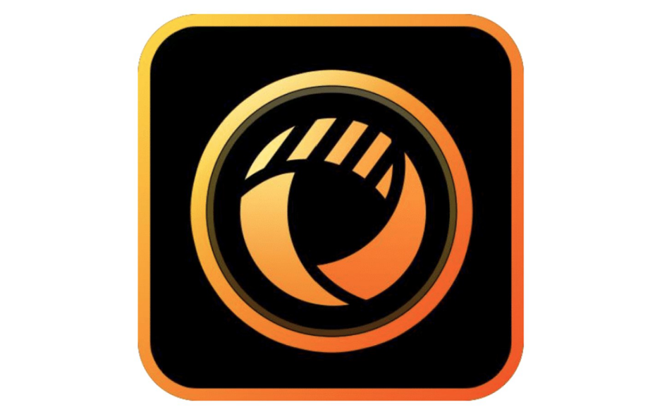 Round orange and black logo in a square