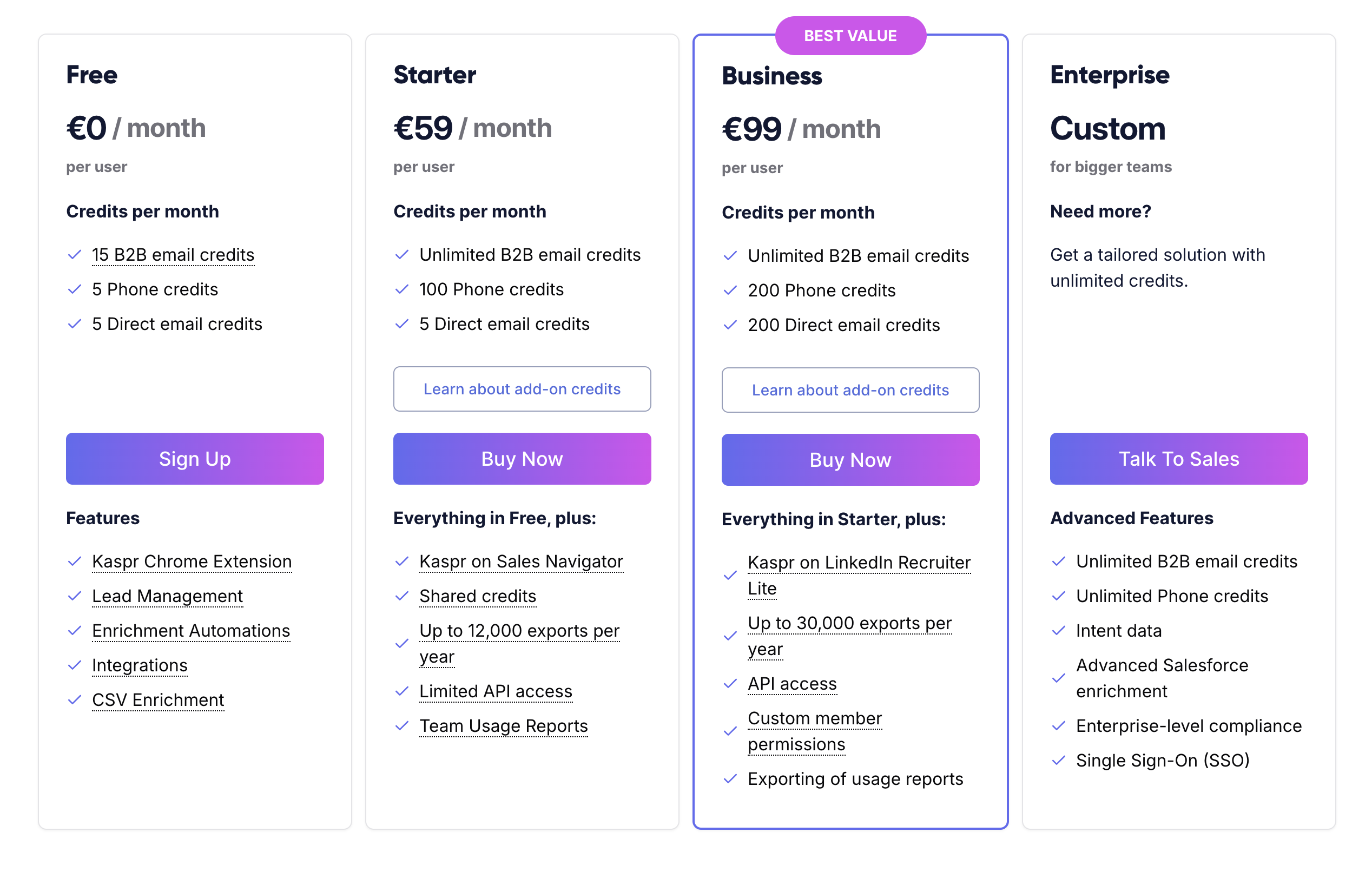 Screenshot of kaspr pricing
