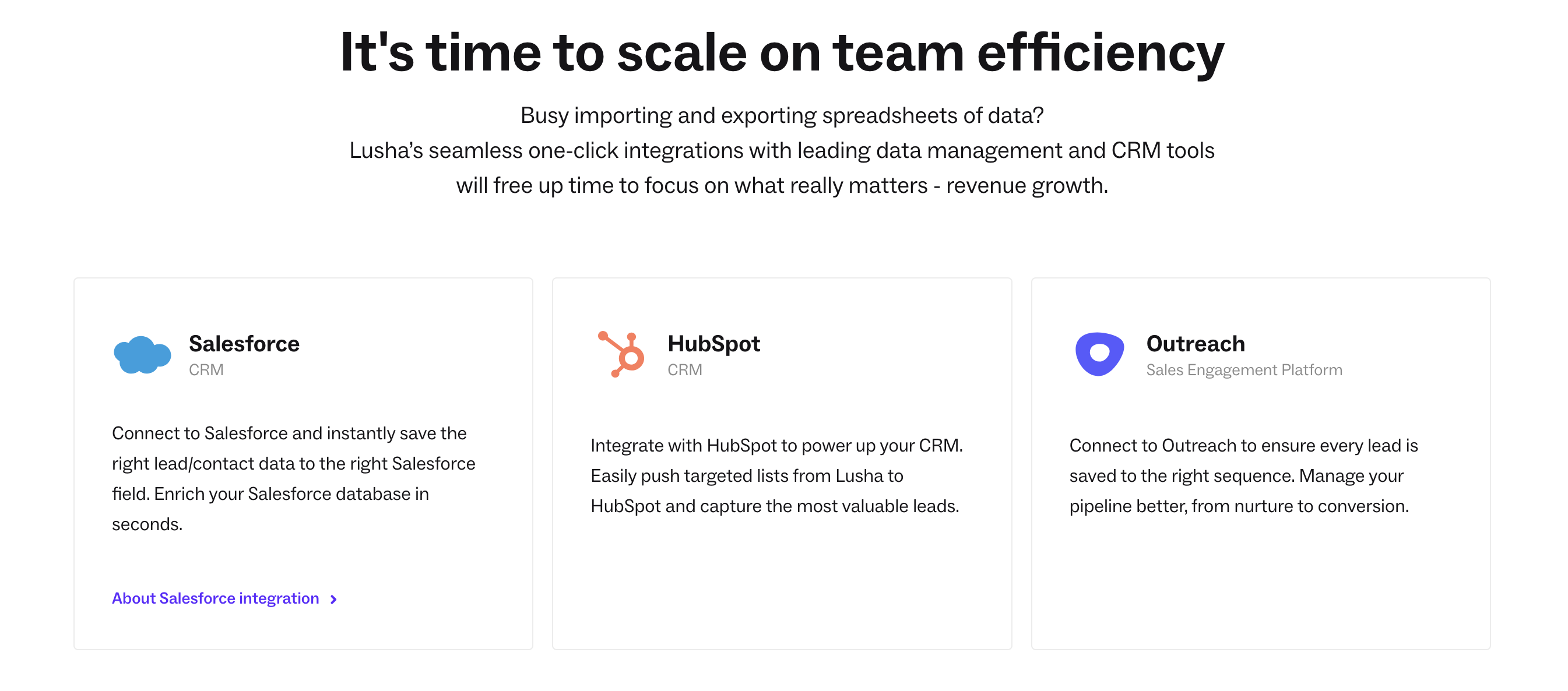 Captura de pantalla para mostrar que Lusha se integra con CRM como Hubspot, Salesforce...