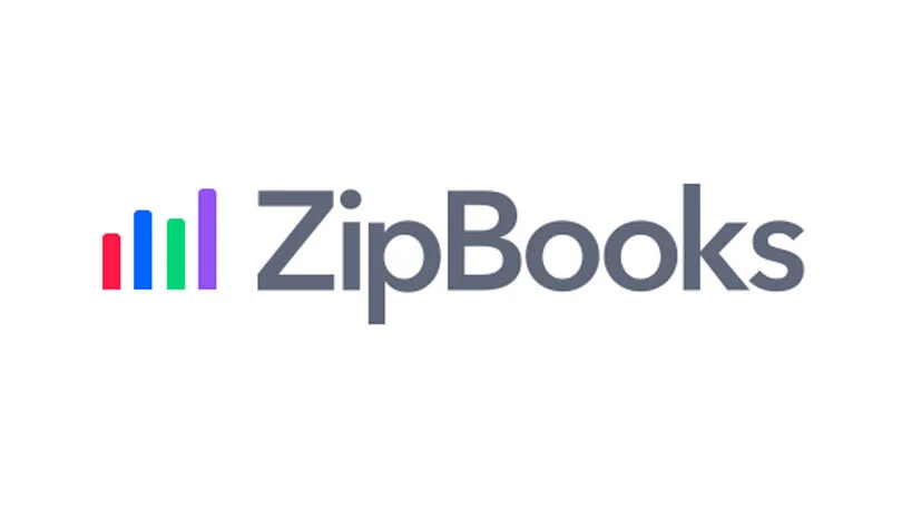 Zipbooks written in dark gray with a small purple, green, blue, and red logo on the left side, all on a white background.