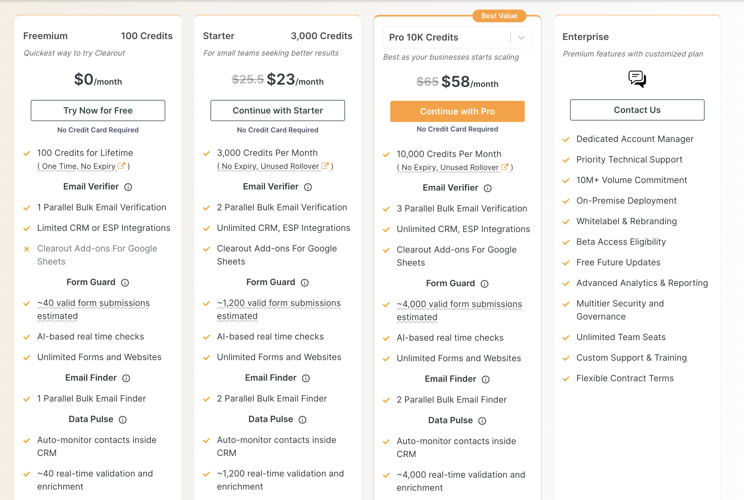 Screenshot of Clearout pricing