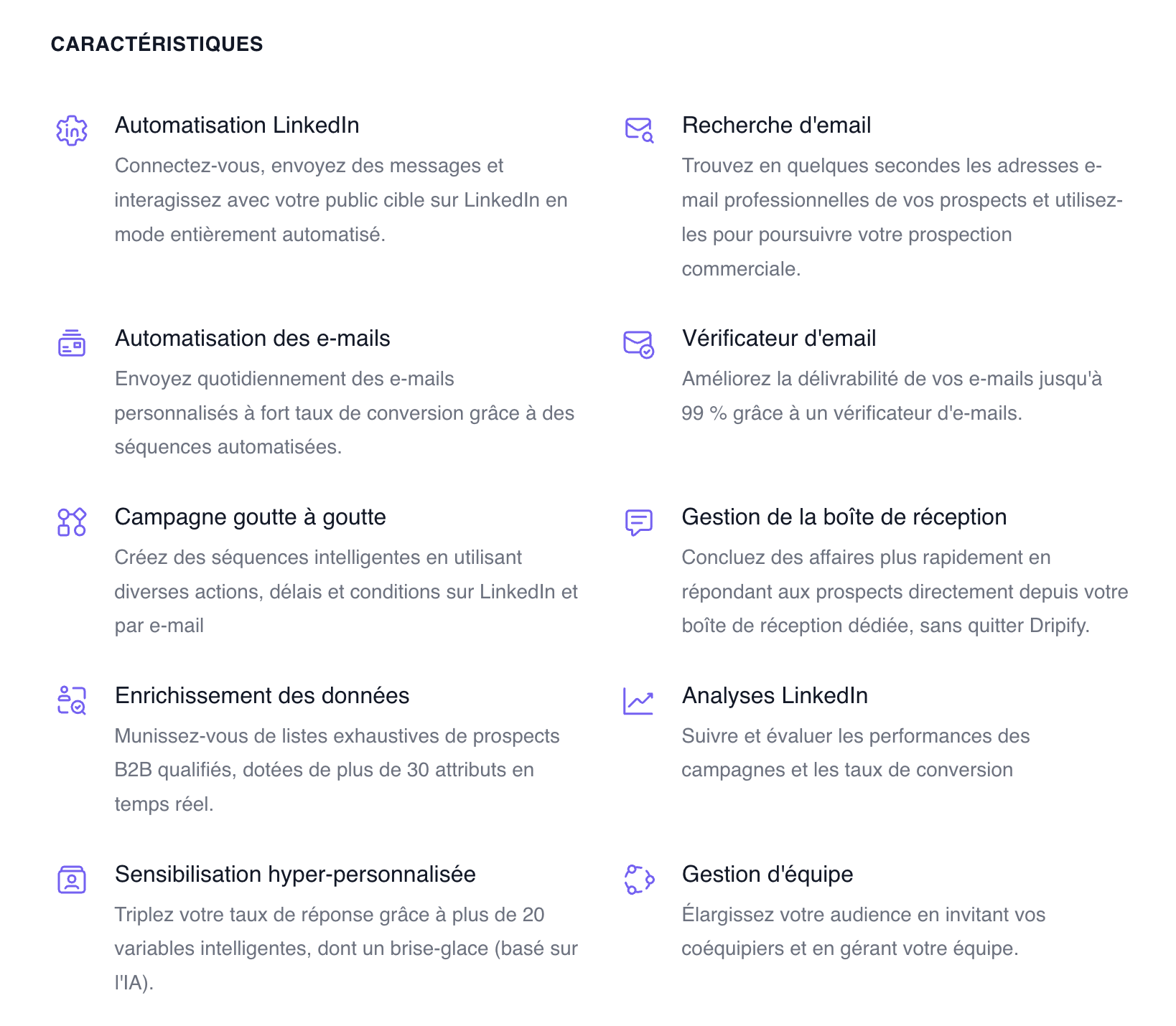 Capture d'ecran des Fonctionnalités de Dripify