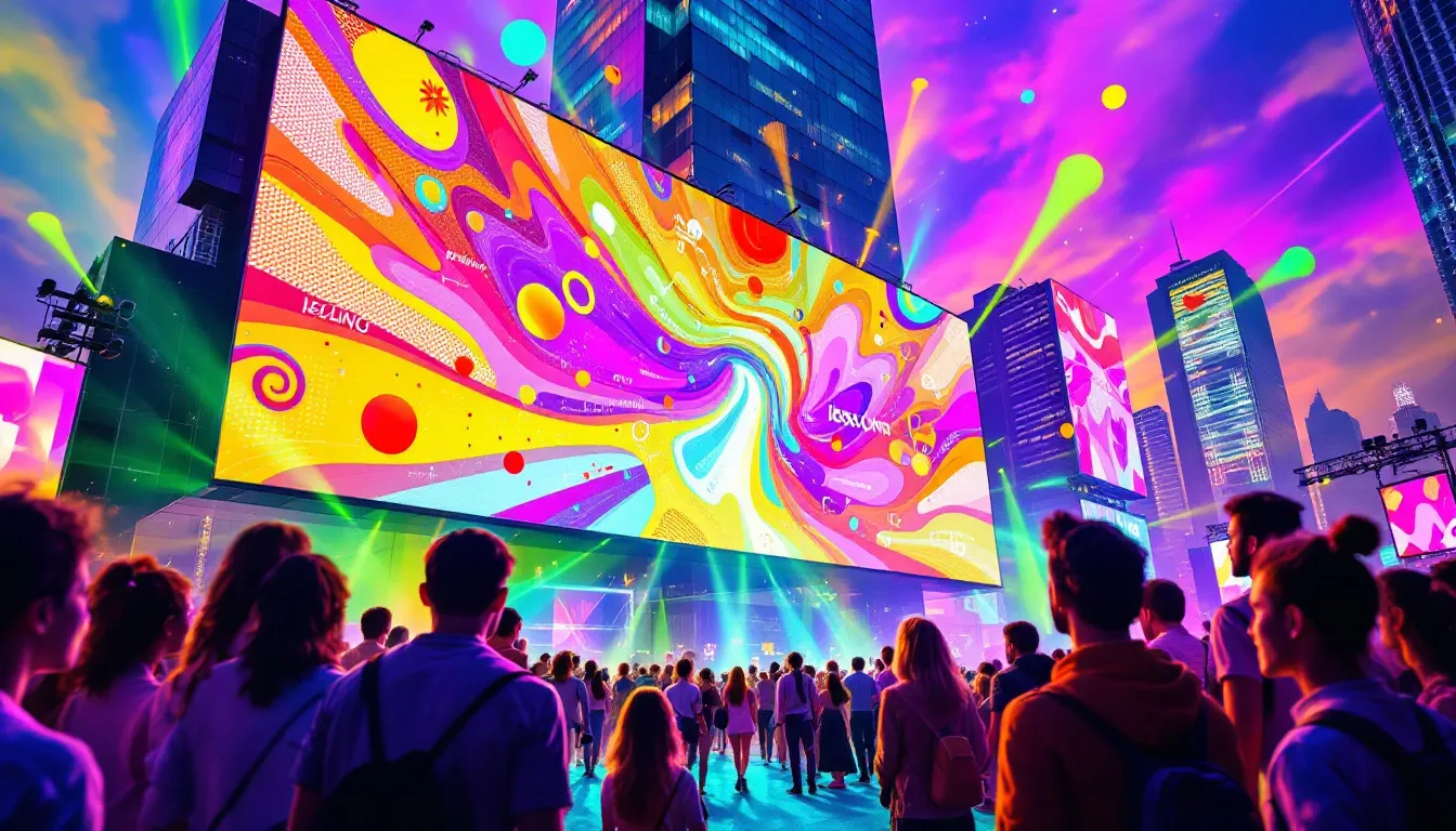 Image of a giant color screen at the foot of buildings watched by hundreds of people