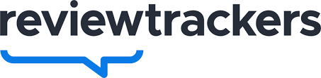 Reviewtrackers written in black with a blue bracket-shaped logo underneath, all on a white background.