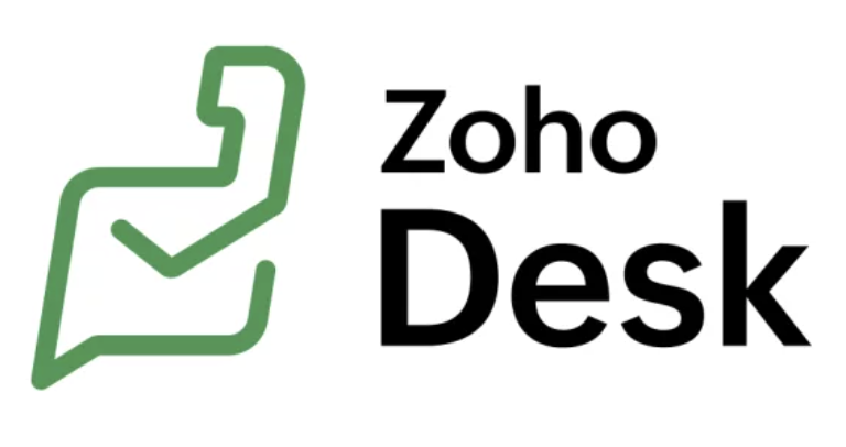 
Zoho Desk is written in black on a white background with a green logo next to it.