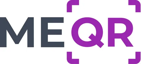 Write ME in gray and QR in purple, all on a white background.