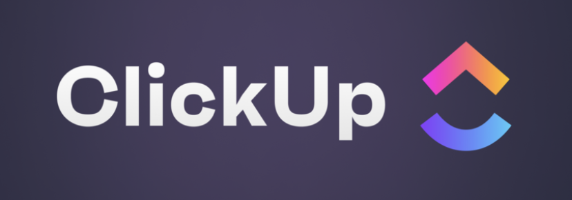 Clickup written in white in a dark purple rectangle