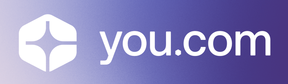 You.com’ está escrito em branco sobre um fundo em degradê roxo