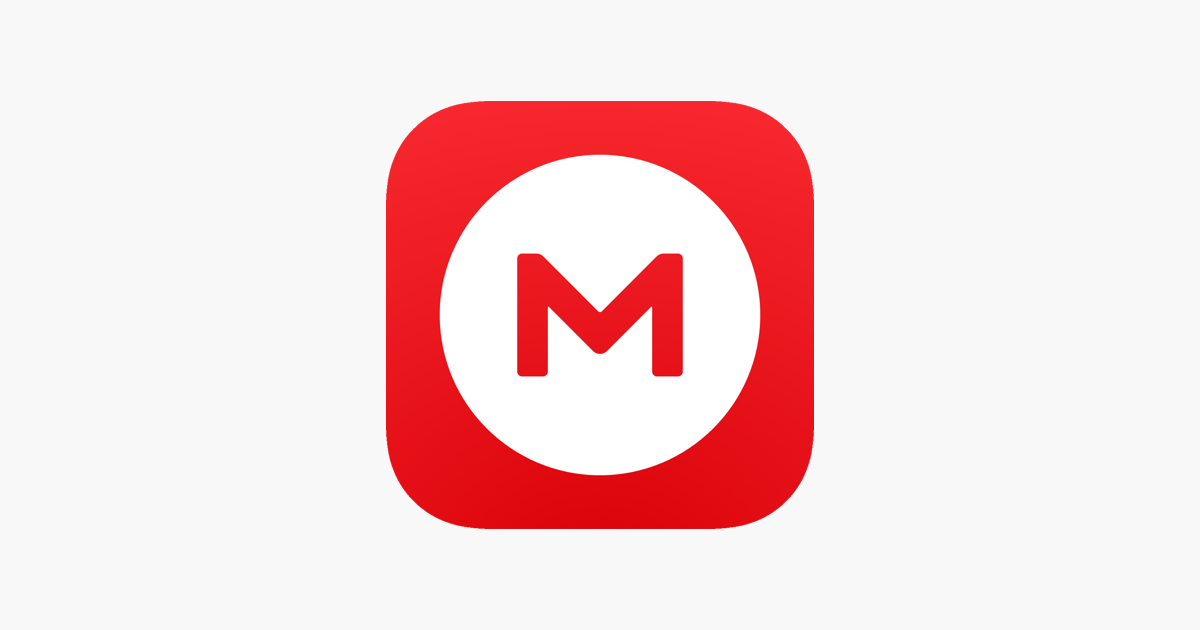 Red M in a white circle with a red square