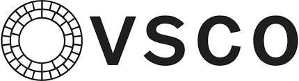 VSCO written in black on a white background with a wheel next to it