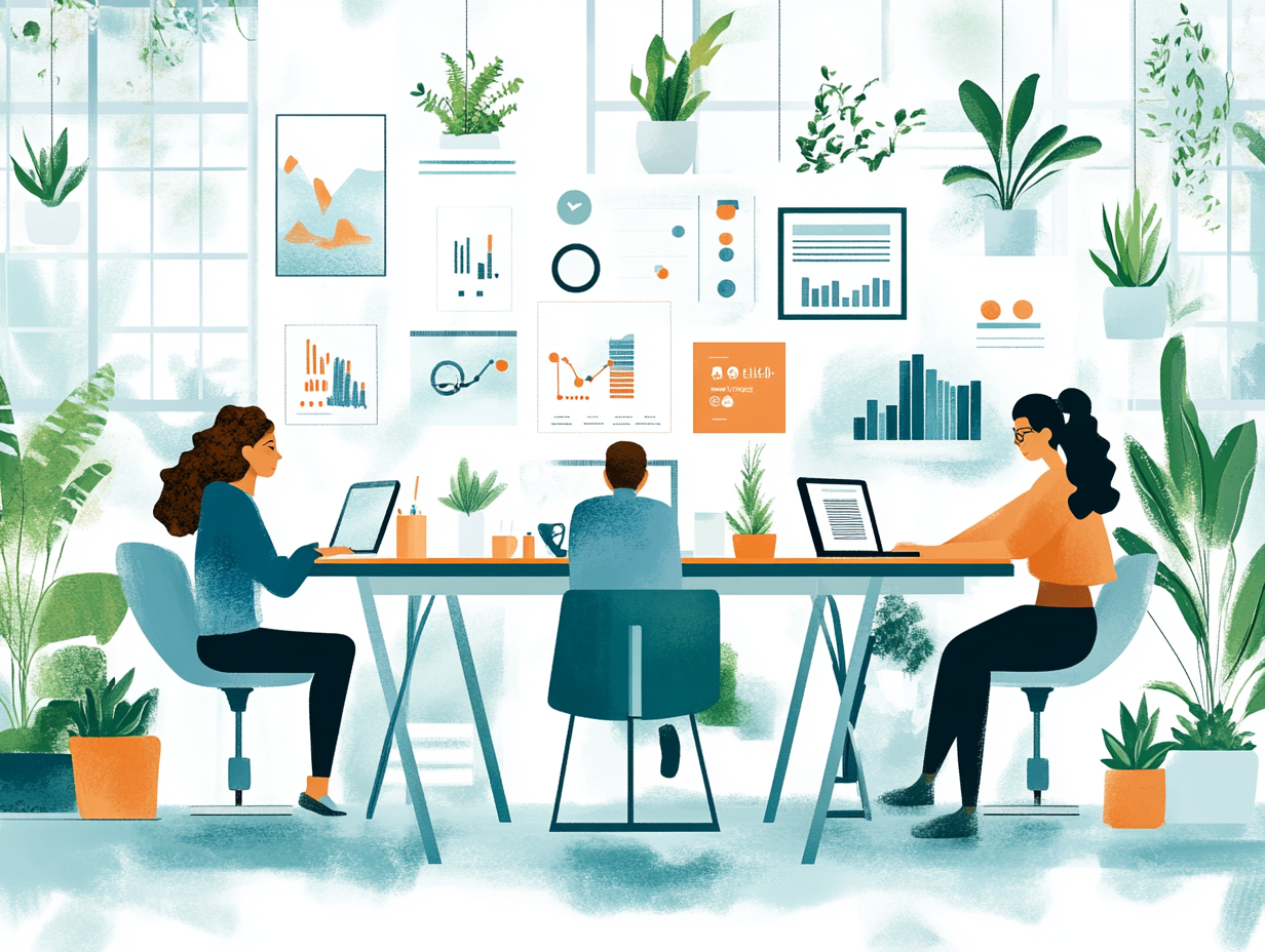 Illustration of a nicely decorated office where three people are working at the same table on computers.
