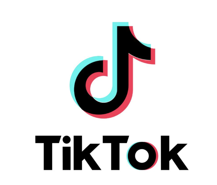 Tik Tok ecris en noir sur fond blanc et au dessus son logo en rose bleu et noir