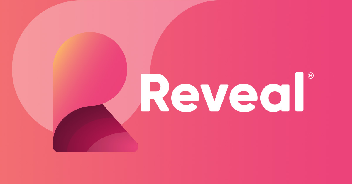 Reveal written in white on pink gradient background