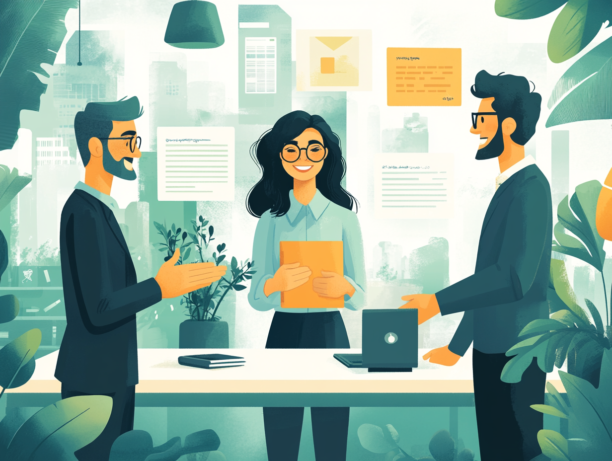 Illustration de deux hommes et une femme qui viennent de signer un contrat