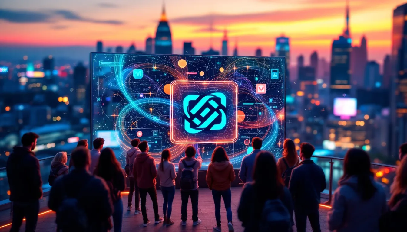Image of people gathered at a viewpoint overlooking the illuminated city, with an immersive AI interface visible in one of the windows.