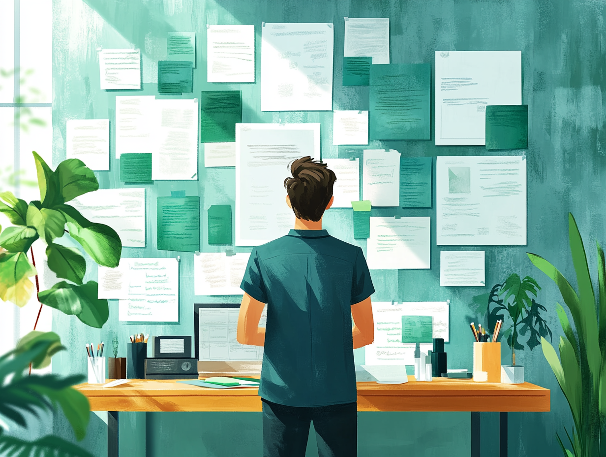 Illustration of a man standing with his back to the camera in front of a wall covered with documents