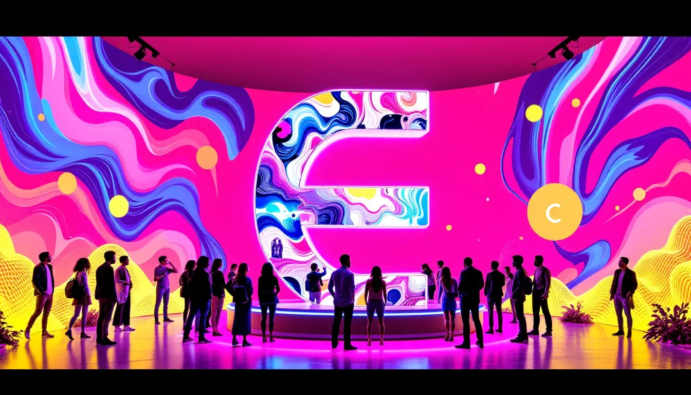 A very colorful image of a huge E in the background of a room surrounded by waves of purple, pink, and yellow colors and people coming to look at it.
