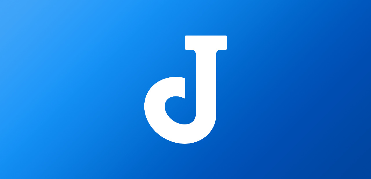J write in white on a blue background.