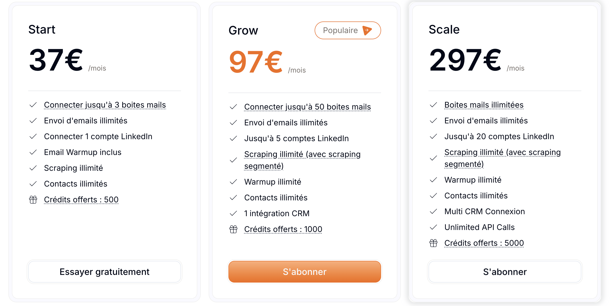 Capture d'ecran des prix d'Emelia