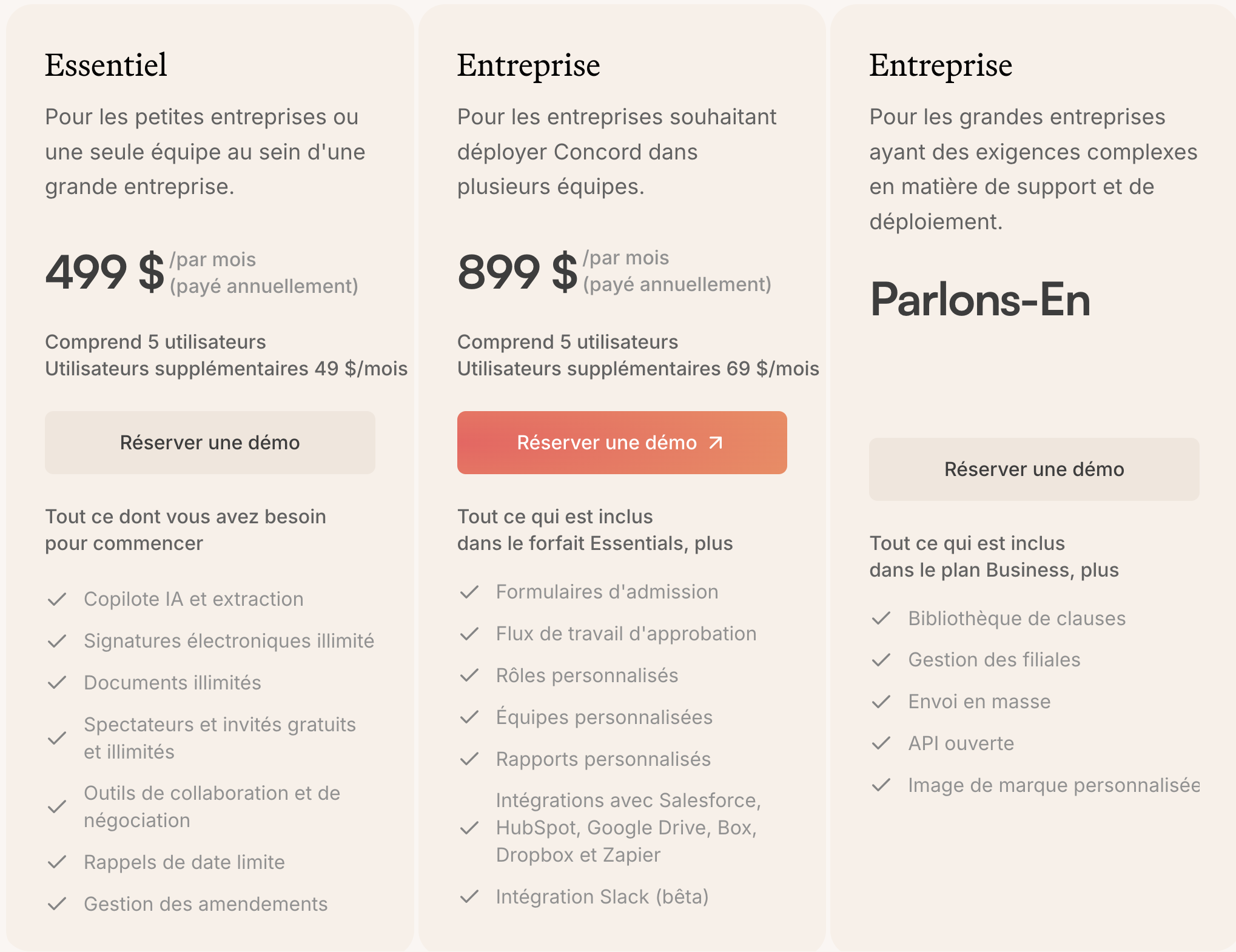Tarifs de Concord
