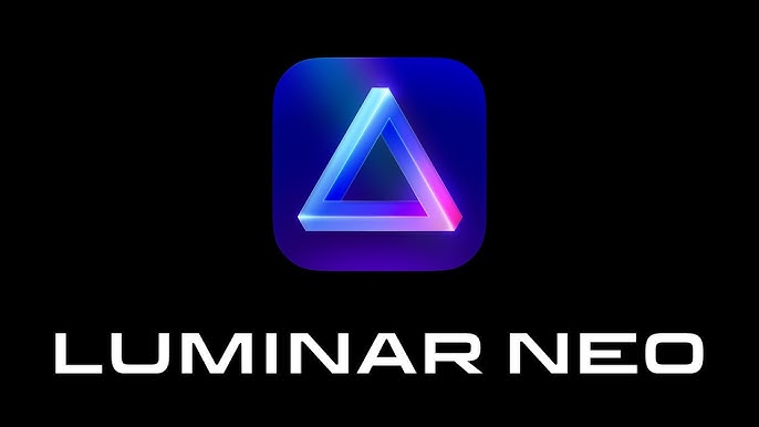 
Luminar neo written in white on a black background with a purple triangle above it