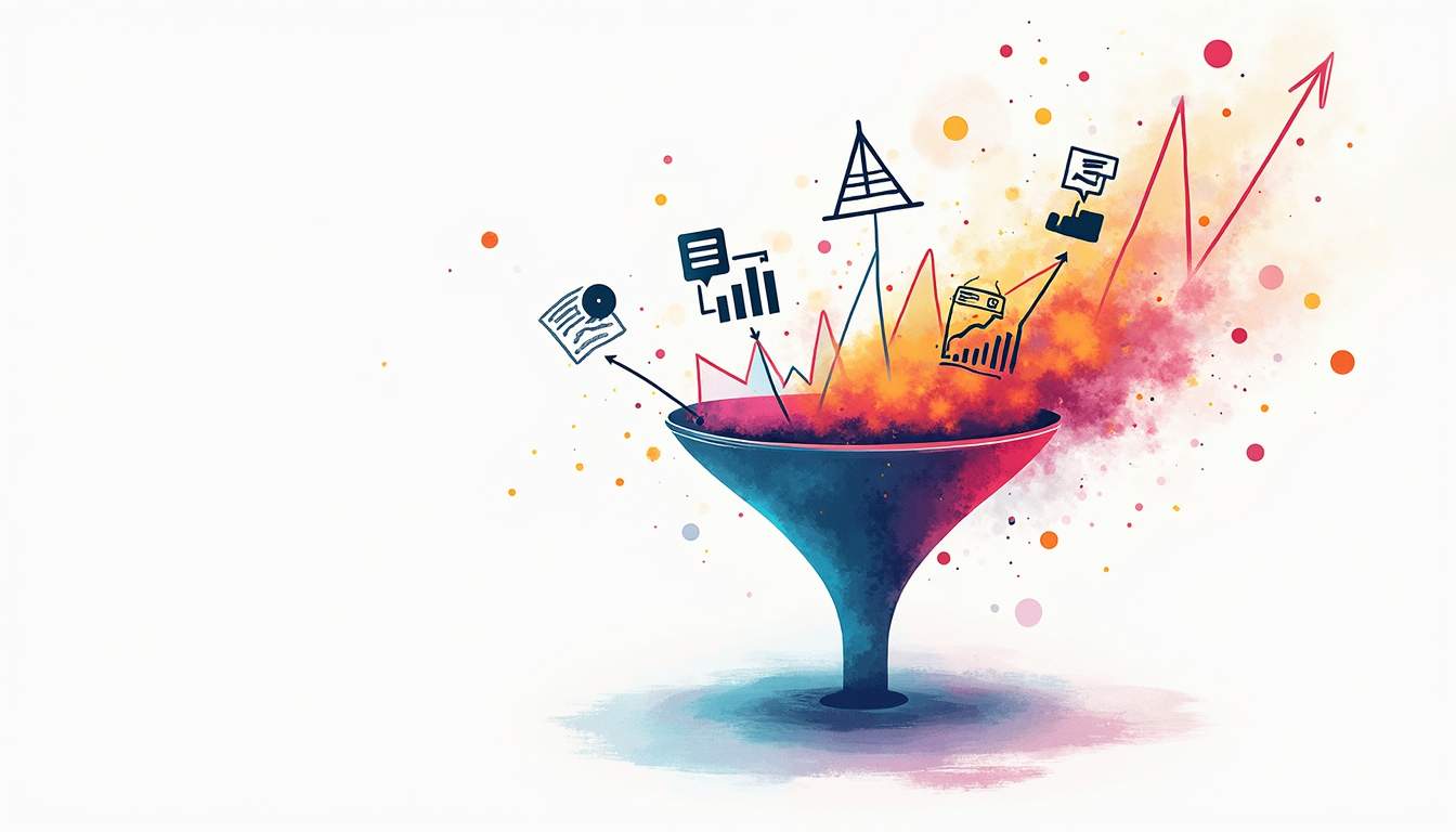 Drawing of a funnel with lots of things thrown into it, calculations, graphs, illustrated with clouds of colored smoke and little bubbles.